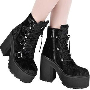Killstar Black Velvet Lace Up Goth Boots
